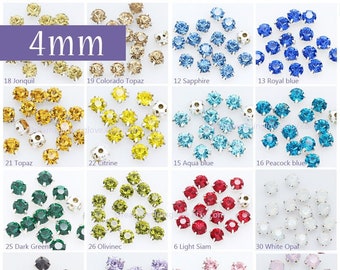 Set van 4 mm Chaton montees strassteentjes -- naai glaskristallen kralen op Veelkleurige in zilver setting Craft Supplies