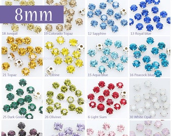 8mm Chaton montees Rhinestones  Sliver set--  sew on glass Crystal beads Multicolors in Silver setting Craft Supplies