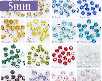 5mm Chaton montees Rhinestones  Sliver set--  sew on glass Crystal beads Multicolors in Silver setting Craft Supplies