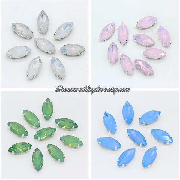 White Opal Marquise Sew On Rhinestones 7x15 6X12 5x10mm Chatons blue pink green opal Navette in Sliver gold setting loose crystal beads