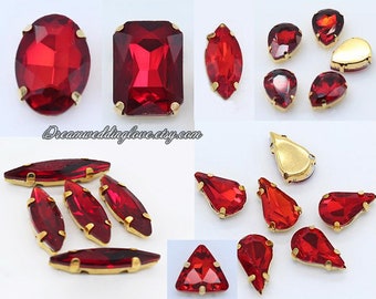 Siam Sew on Rhinestones Gold Setting--Red Glass Teardrop Oval Octagon Marquise Square Rectangle Heart Rhinestones loose crystal beadss