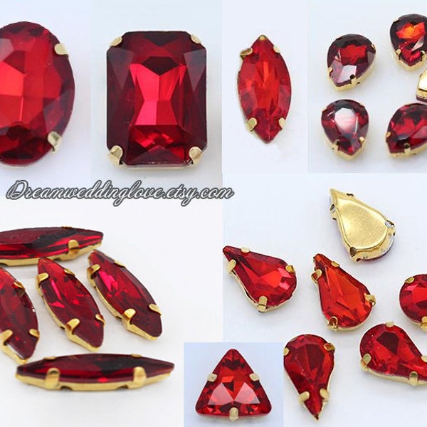 Siam Sew on Rhinestones Gold Setting--Red Glass Teardrop Oval Octagon Marquise Square Rectangle Heart Rhinestones loose crystal beadss