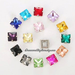 Square Sew On Crystal in Silver Prong Setting 12mm 10mm 8mm Square  shape sew on rhinestone Hollow back crystal glass beads