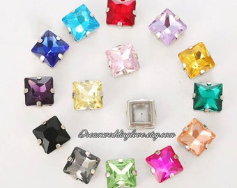 Square Sew On Crystal in Silver Prong Setting 12mm 10mm 8mm Square  shape sew on rhinestone Hollow back crystal glass beads