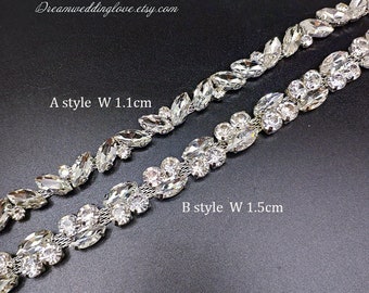 May include: Two rhinestone trim styles are displayed on a dark background. The top trim, labeled "A style," is 0.4 inches wide. The bottom trim, labeled "B style," is 0.6 inches wide. The text "Dreamweddinglove.etsy.com" is in the upper left corner.