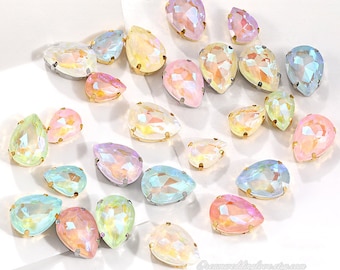 Teardrop Opalescent Glass Rhinestones 10x14mm 13x18mm silver/gold settings  Macaron  sew on Cabochons AB Jelly Iridescent Gem Sew On Crystal