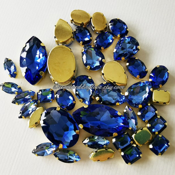 Bleu saphir Coudre sur cristal-- Bleu mer Coudre sur strass TearDrop Oval Octogone Rectangle Coeur Navette Paramètres dorés perles de cristal