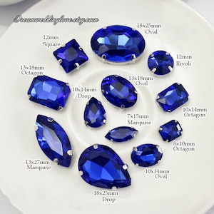 Royal blue Sew on Crystal--Sapphire Blue Sew On Rhinestones TearDrop Oval Octagon Rectangle Heart Navette silver settings crystal beads