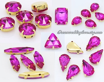 Hot pink Sew on Rhinestones Gold setting--Fuchsia Teardrop Oval Octagon Marquise Square Rectangle Heart Rhinestones loose crystal beadss