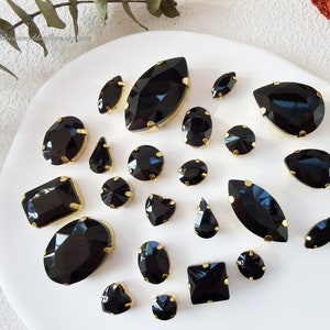 Black rhinestoens Sew on Crystal Gold setting--Tear Drop Oval Octagon Rectangle Heart Round Navette Sew On crystal gemstones glass beads