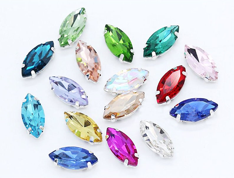 Marquise Sew On Rhinestones 4x8mm Sew On Navette Glass Crystal beads Silver Setting flat back