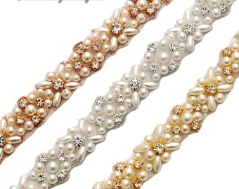 Pearl Trims, Beaded Pearl Trim for dress, jewelry trim, wedding trim ,Pearl Crystal Applique of gown ,for bridal sash belt, bridal shoes