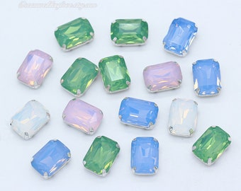 White Opal  Octagon Sew on Rhinestones 10X14mm 13X18mm Light Pink Green Blue High quality beads Silvery/Gold set with 4 Hole Slider Crystal