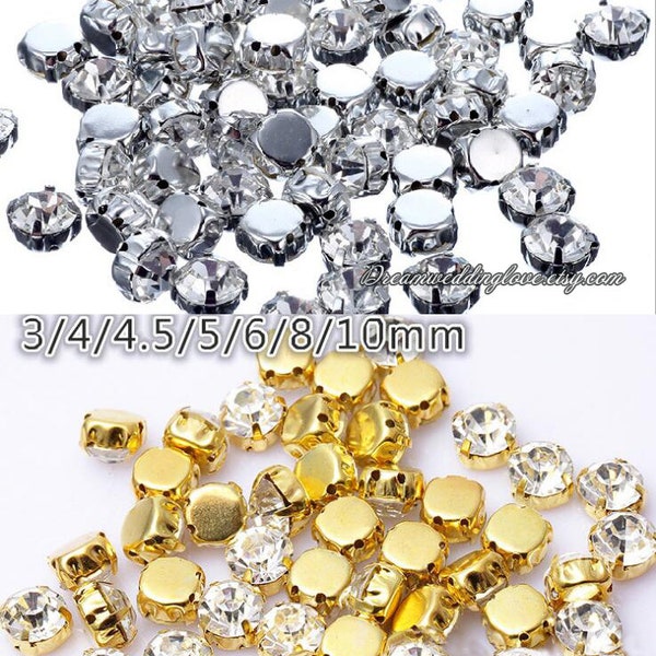 Sew On Chaton 5mm 4mm 4.5mm 3mm Rose Montee Beads Clear Crystal in Silver Gold Prong setting Solid flat back loose rhinestone beads