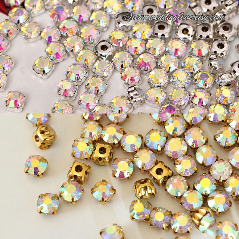 Cuentas de cristal AB Montee de 3 mm, 4 mm, 5 mm y 6 mm, redondas, para coser, con diamantes de imitación, engaste en garras de oro y plata, cuentas de cristal sueltas. imagen 1
