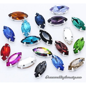 Marquise Strass da cucire 5 x 10 mm Perline di cristallo di vetro Navette da cucire Incastonatura in argento con retro piatto con cursore a 4 fori Perline di vetro Pietre preziose