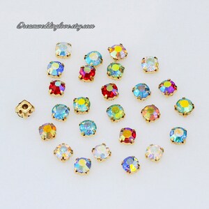 Serie de cuentas AB Montee de 3 mm, 4 mm, 5 mm y 6 mm, redondas, para coser, con cristales sueltos engastados en oro.