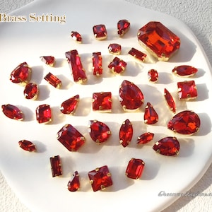 Siam Sew on Rhinestones Gold Setting--Red Glass Teardrop Oval Octagon Marquise Square Rectangle Heart Rhinestones loose crystal beadss
