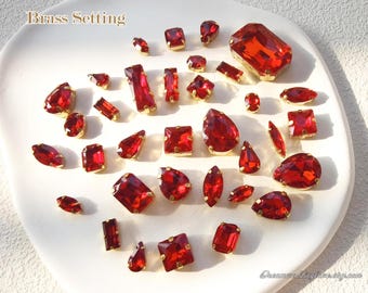 Siam Sew on Rhinestones Gold Setting--Red Glass Teardrop Oval Octagon Marquise Square Rectangle Heart Rhinestones loose crystal beadss