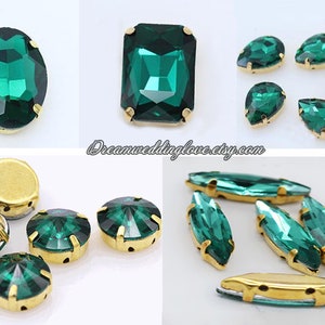 Emerald Sew on Crystal Gold setting-- Drak Green Sew On Rhinestones TearDrop Oval Octagon Rectangle Heart Navette  crystal beads