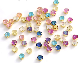 4mm/6mm Opalescent Chaton montees Rhinestones Sliver/Gold set-- Pink Rose Blue  sew on Crystal beads Multicolors in Silver Gold setting