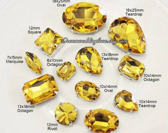 Citrine Sew on Crystal-- Topaz  TearDrop Oval Octagon Rectangle Heart Round Navette Sew On Rhinestones silver settings Gold crystal beads