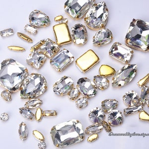 Sew on Rhinestones beads gold setting  --Crystal Clear Glass Teardrop Oval Octagon Marquise Gold shadow Rhinestones settings