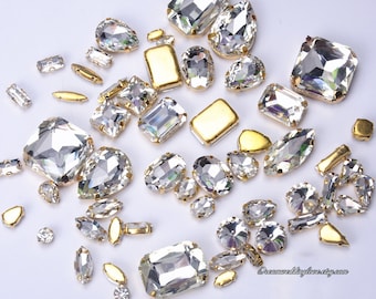 Sew on Rhinestones beads gold setting  --Crystal Clear Glass Teardrop Oval Octagon Marquise Gold shadow Rhinestones settings