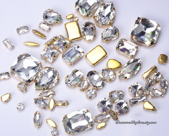 -Crystal Clear Glass Teardrop Oval Octagon Marquise Gold shadow Rhinestones settings Sew on Rhinestones beads gold setting