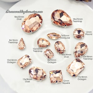 Peach sew Crystal beads --10pcs Champagne  Teardrop Oval Octagon Marquise Sew on loose rhinestone silver settings DIY Supplies