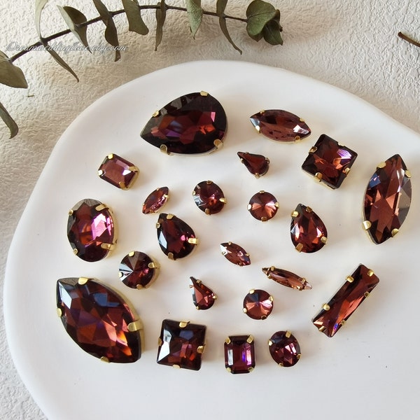 Burgundy rhinestones Sew on Crystal Gold set -- Wine red Tear Drop Oval Octagon Heart Round Navette grape Sew On Rhinestones gem