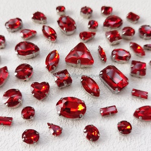 Siam Sew on Rhinestones--Vetro rosso Lacrima Ovale Ottagono Marquise Quadrato Rettangolo Cuore Strass Incastonatura Argento Perline di cristallo sciolte