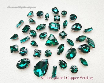 Emerald Sew on Crystal-- Drak Green TearDrop Oval Octagon Rectangle Heart Round Navette Sew On Rhinestones silver shadow settings