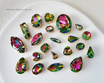 Colorful Sew on Crystal gold setting--rainbow Sew On Rhinestones TearDrop Oval Octagon Rectangle Heart Navette gold set crystal beads