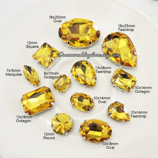 Citrine yellow Glass Rhinestones beads --10pcs Amber Teardrop Oval Octagon Marquise Sew on loose Rhinestones silver settings Vintage Crystal