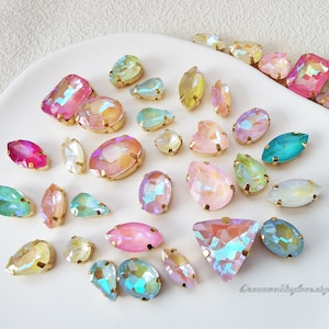 Mix Grootte en kleur van macaronglas strassteentjes goud/zilver instellingen Opalescent traan marquise naai cabochons AB Jelly iriserende edelsteen