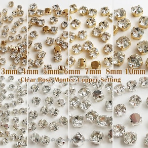 Chaton Montees Sew On Crystal - 6mm 7mm 8mm 10mm Clear Rhinestones in Silver / Gold  Prong setting Solid flat back loose rhinestone beads