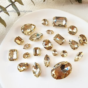 Smoked Topaz Sew on  Rhinestones beads Gold set --light Colorado Glass Teardrop Oval Octagon Marquise Gold shadow  Rhinestones settings