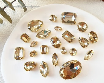 Smoked Topaz Sew on  Rhinestones beads Gold set --light Colorado Glass Teardrop Oval Octagon Marquise Gold shadow  Rhinestones settings