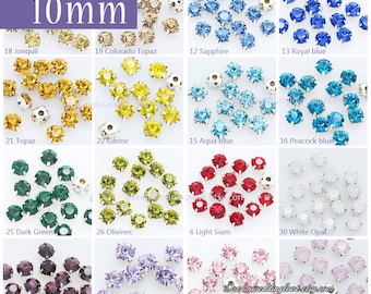 10mm Chaton Rhinestones: Silver Setting, Sew-On Crystal Beads