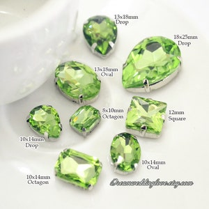 light green Sew on Crystal-- Peridot TearDrop Oval Octagon Heart Round Navette Sew On Rhinestones silver shadow settings crystal glass beads