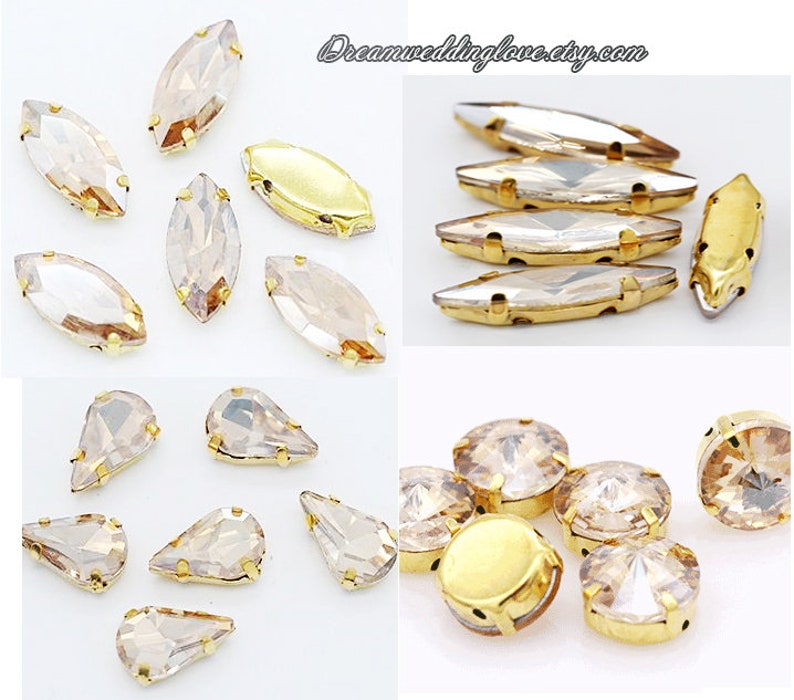 -Crystal Clear Glass Teardrop Oval Octagon Marquise Gold shadow Rhinestones settings Sew on Rhinestones beads gold setting