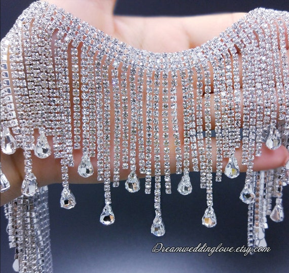 Tassels Rhinestone Trim, Silver Crystal Applique, Gold Long Tassels Rhinestone  Chain, Overlength Fringe Neckline Applique ,DIY Wedding 