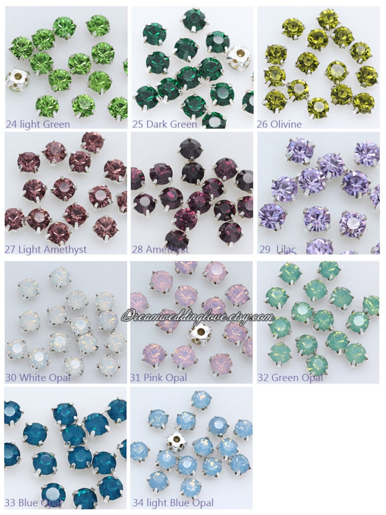 May include: Assortment of 12 colors of round, flat-back rhinestones with silver settings. The colors are light green, dark green, olive, light amethyst, amethyst, lilac, white opal, pink opal, green opal, blue opal, and light blue opal.