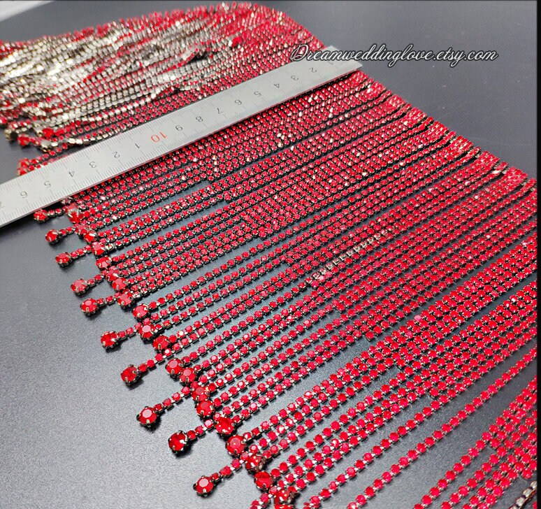 Red Rhinestone Trim, Red Crystal Gunmetal Set Applique, Long Tassels ...