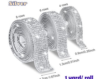 May include: Three rolls of silver rhinestone trim, each with a different width: 0.35 inches, 0.51 inches, and 0.67 inches. Each roll is 1 yard long.