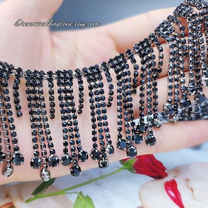 black Tassels Rhinestone Trim, 1/2 Yard, Crystal applique, neckline applique, collar diamante applique,  shoe Crystal applique, DIY Wedding