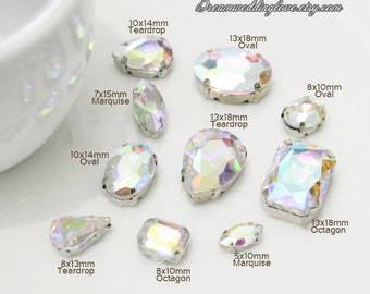 AB Crystal Sew on Rhinestones beads Silver setting-- AB Aurore Boreale Rivoli Teardrop Navettes Oval Octagon Marquise sew on crystal