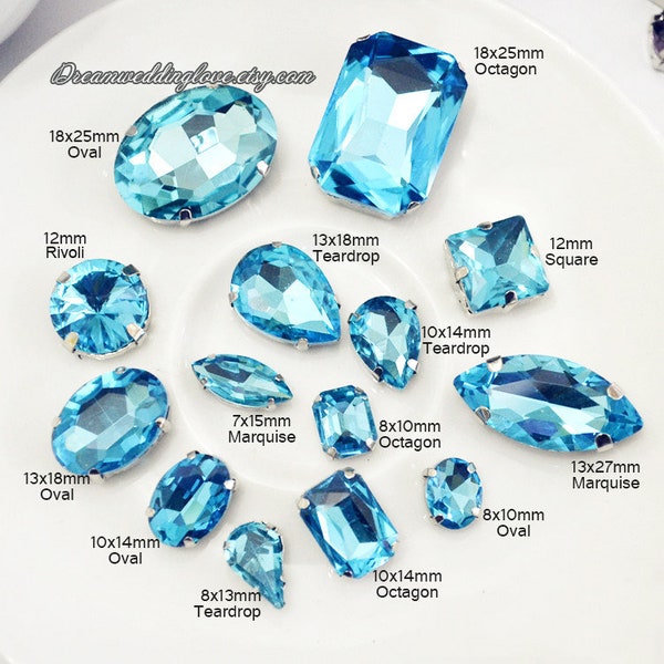Aqua blue Sew on Crystal--Sky Blue Sew On Rhinestones Azure Tear Drop Oval Octagon Rectangle Heart Navette silver settings crystal beads
