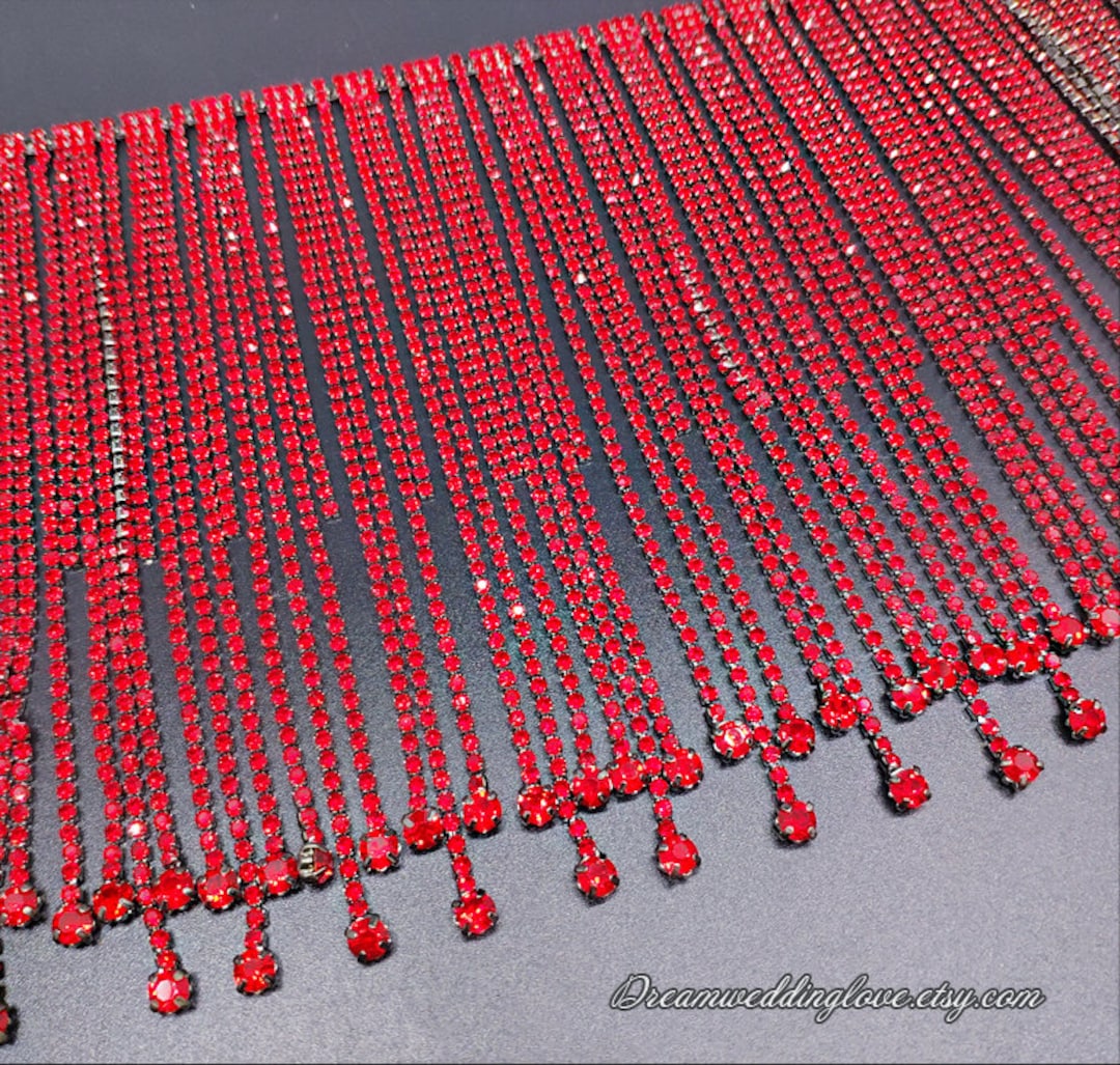 Red Rhinestone Trim, Red Crystal Gunmetal Set Applique, Long Tassels